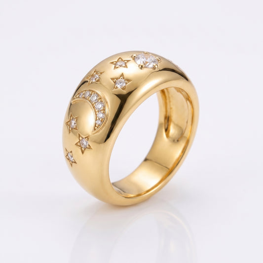 Crescent Moon & Stars Chunky Band Ring