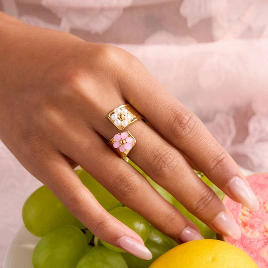 Pearl & Pink Floral Ring - Stainless Steel