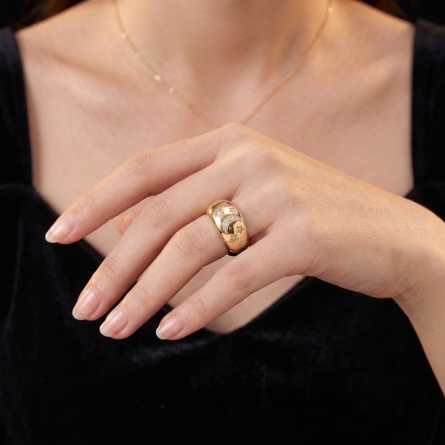 Crescent Moon & Stars Chunky Band Ring