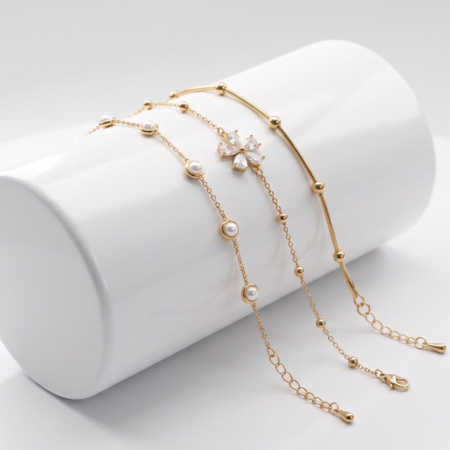 Elegant Pearl & Daisy Charm Bracelet Set