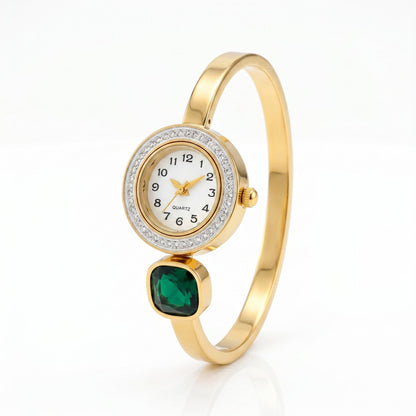Diamond Round Dial Bangle Watch - Stainless Steel