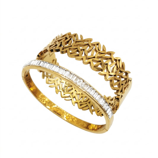 Hollow Leaf & Dimond Bangle | Stainless Steel