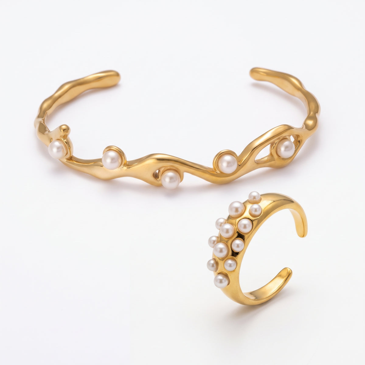 Aura Pearl Gold-Plated Cuff & Ring Set