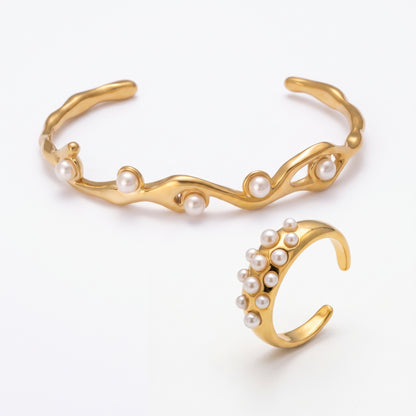 Aura Pearl Gold-Plated Cuff & Ring Set