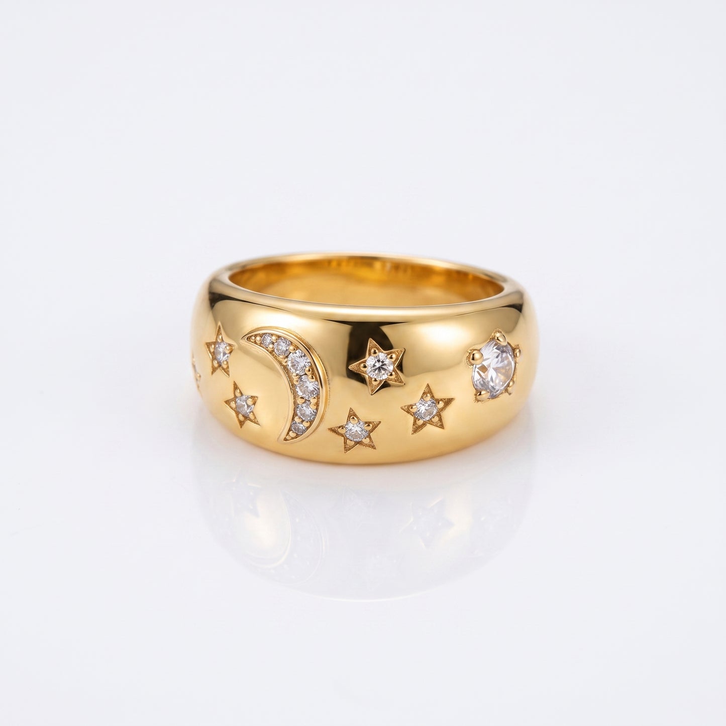 Crescent Moon & Stars Chunky Band Ring