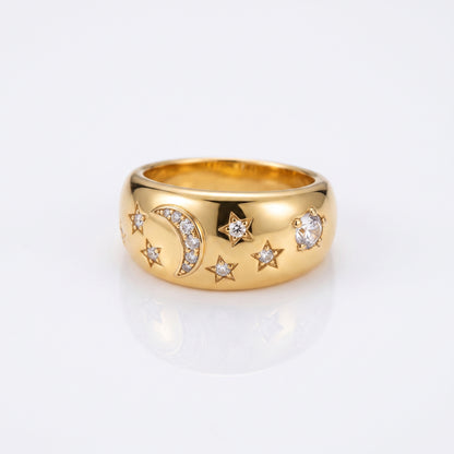 Crescent Moon & Stars Chunky Band Ring