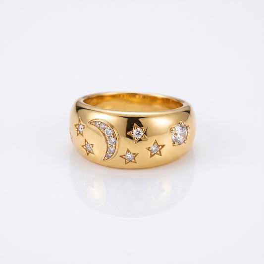 Crescent Moon & Stars Chunky Band Ring