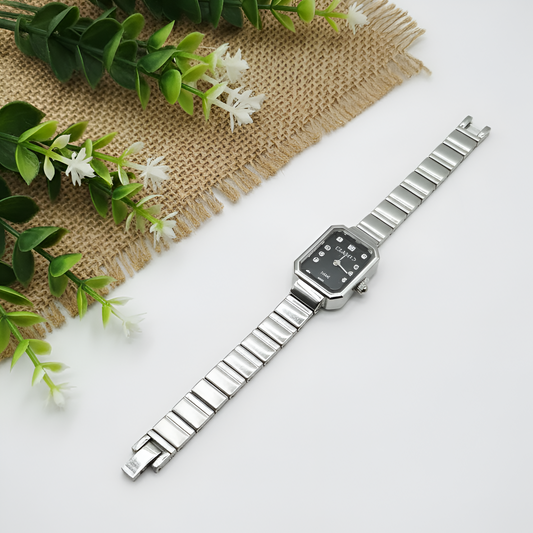 Petite Silver Square Dial Crystal Marker Watch