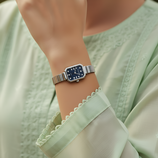 Petite Silver Square Dial Crystal Marker Watch